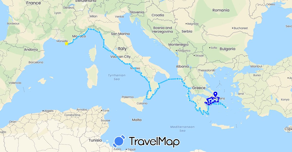 TravelMap itinerary: driving, boat, bateau 2 in France, Greece, Italy (Europe)
