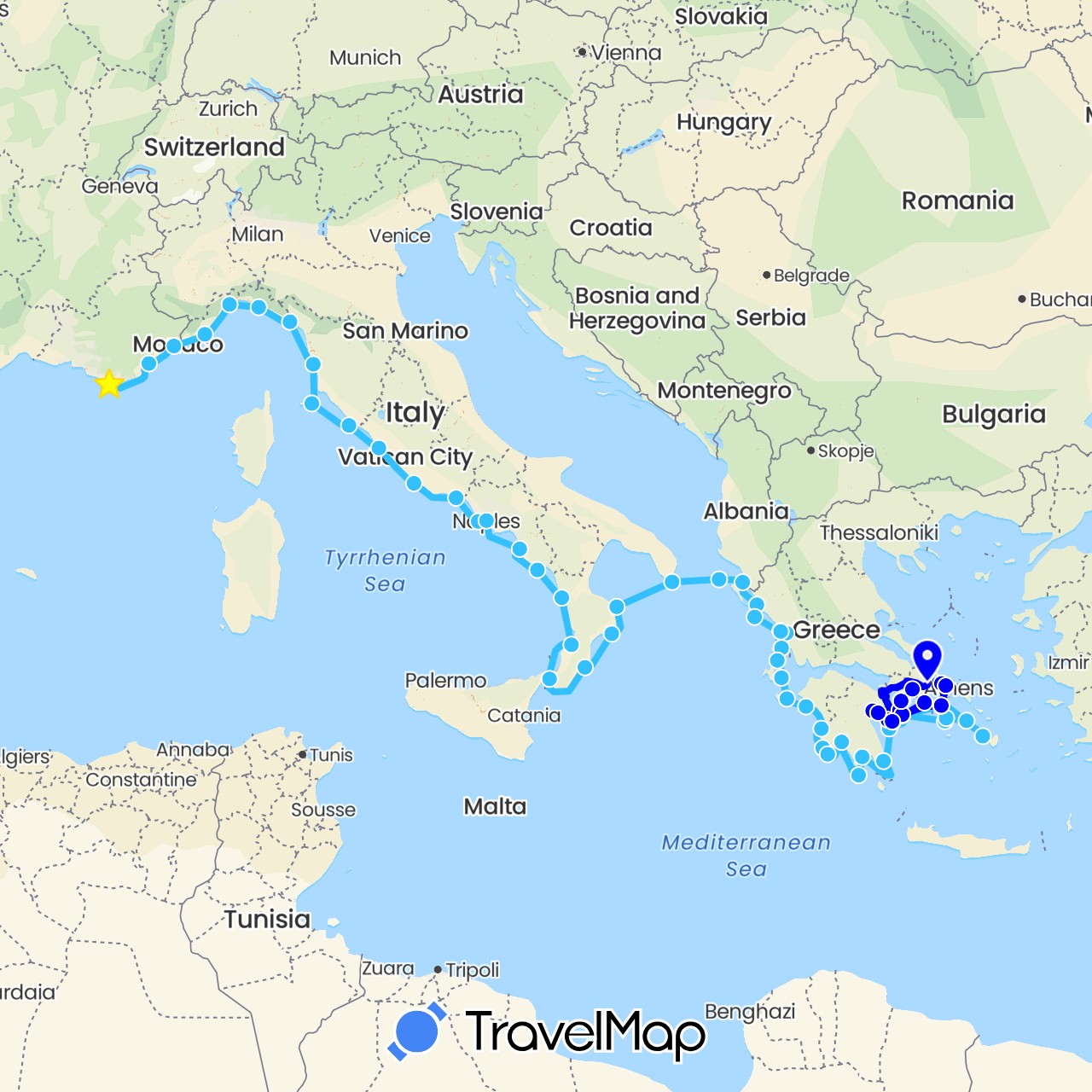 TravelMap itinerary: driving, boat, bateau 2 in France, Greece, Italy (Europe)