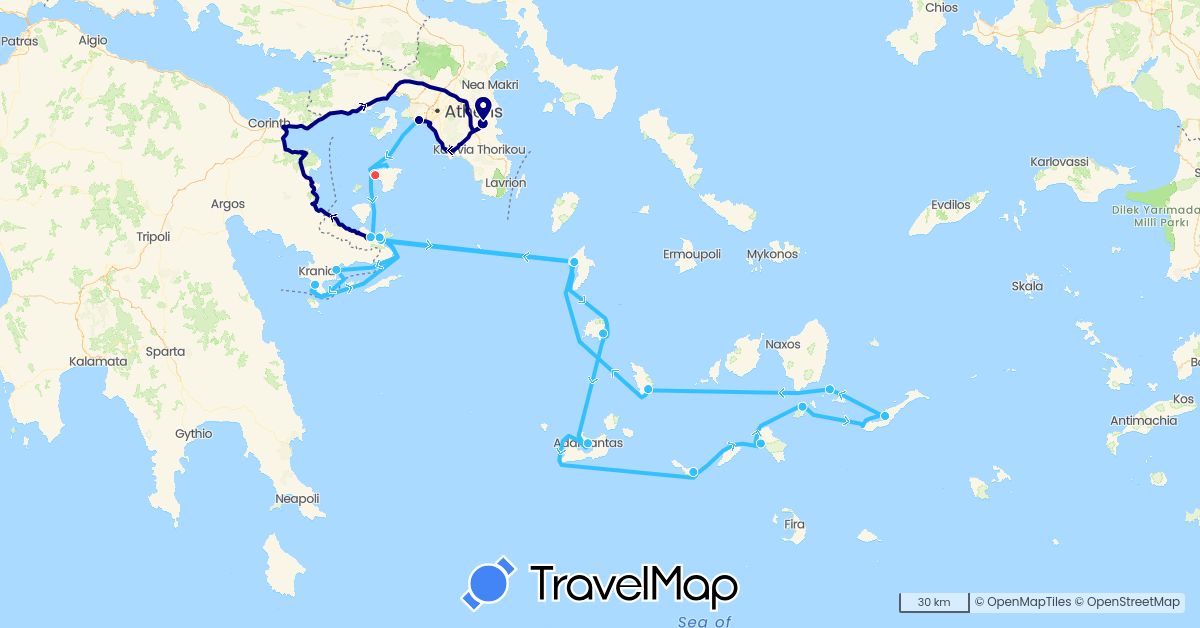 TravelMap itinerary: driving, plane, hiking, boat in Greece (Europe)