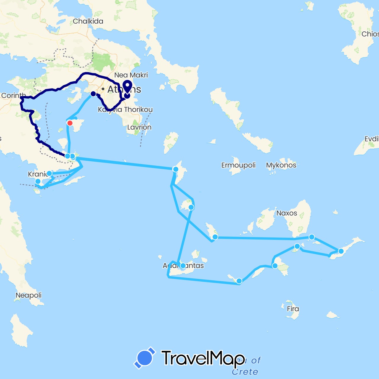 TravelMap itinerary: driving, plane, hiking, boat in Greece (Europe)