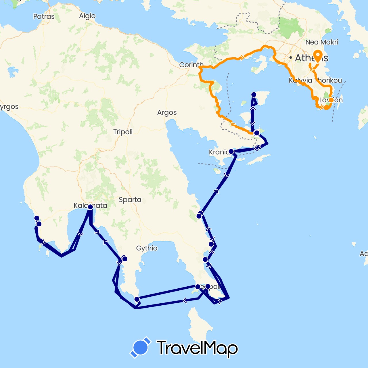 TravelMap itinerary: driving, hitchhiking in Greece (Europe)