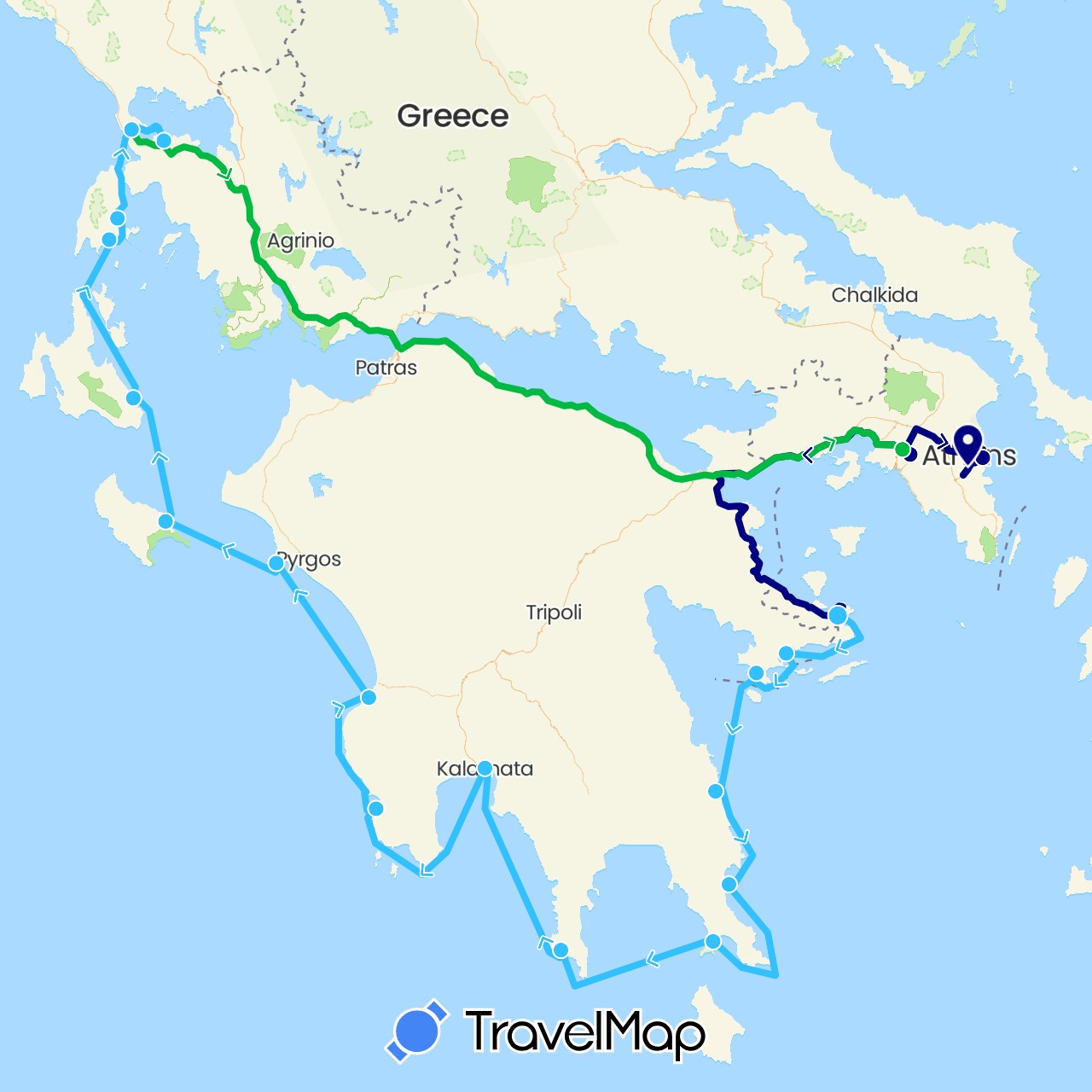 TravelMap itinerary: driving, bus, boat in Greece (Europe)